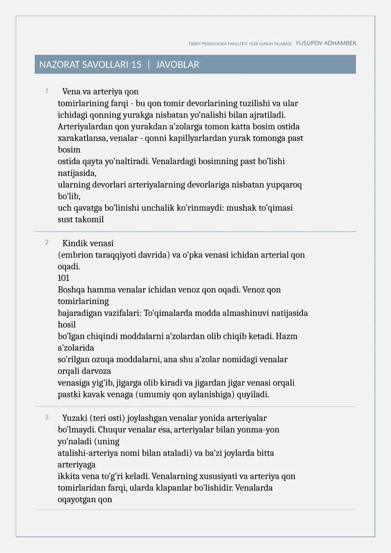 Venalarning xususiyati va arteriya qon