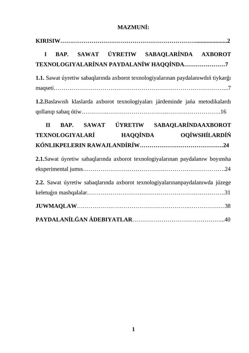 SAWAT ÚYRETIW SABAQLARINDA IKT DAN PAYDALANIW KURS JUMISI