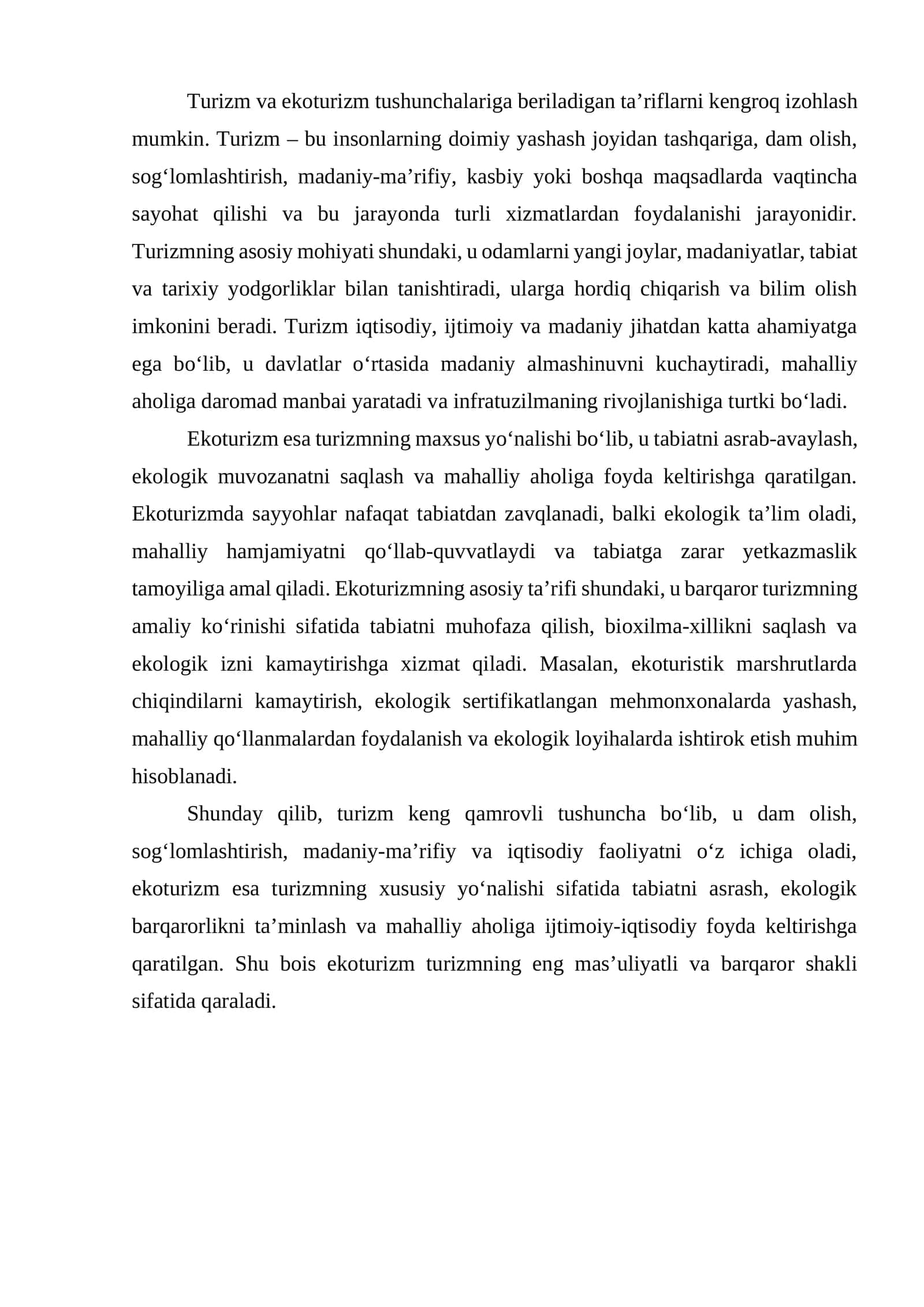 Turizm va ekoturizm tushunchalari