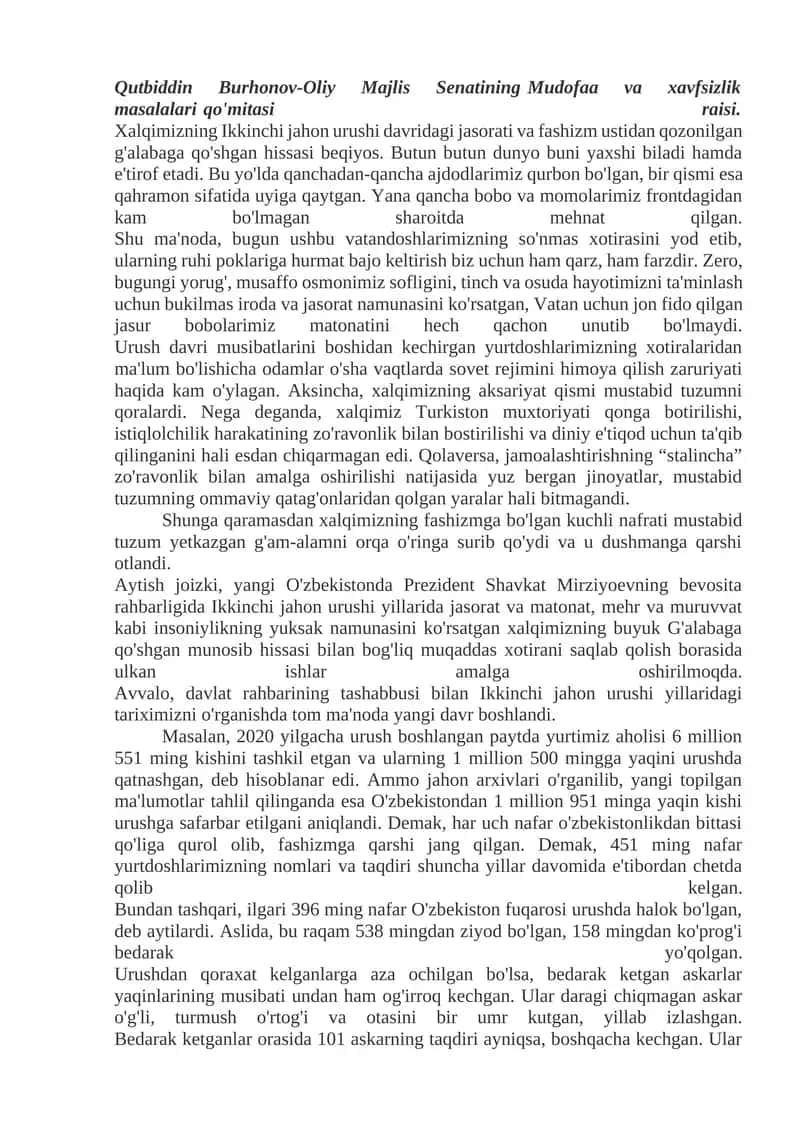 Ikkinchi jahon urushi davridagi jasorati va fashizm ustidan qozonilgan g'alabaga qo'shgan hissasi