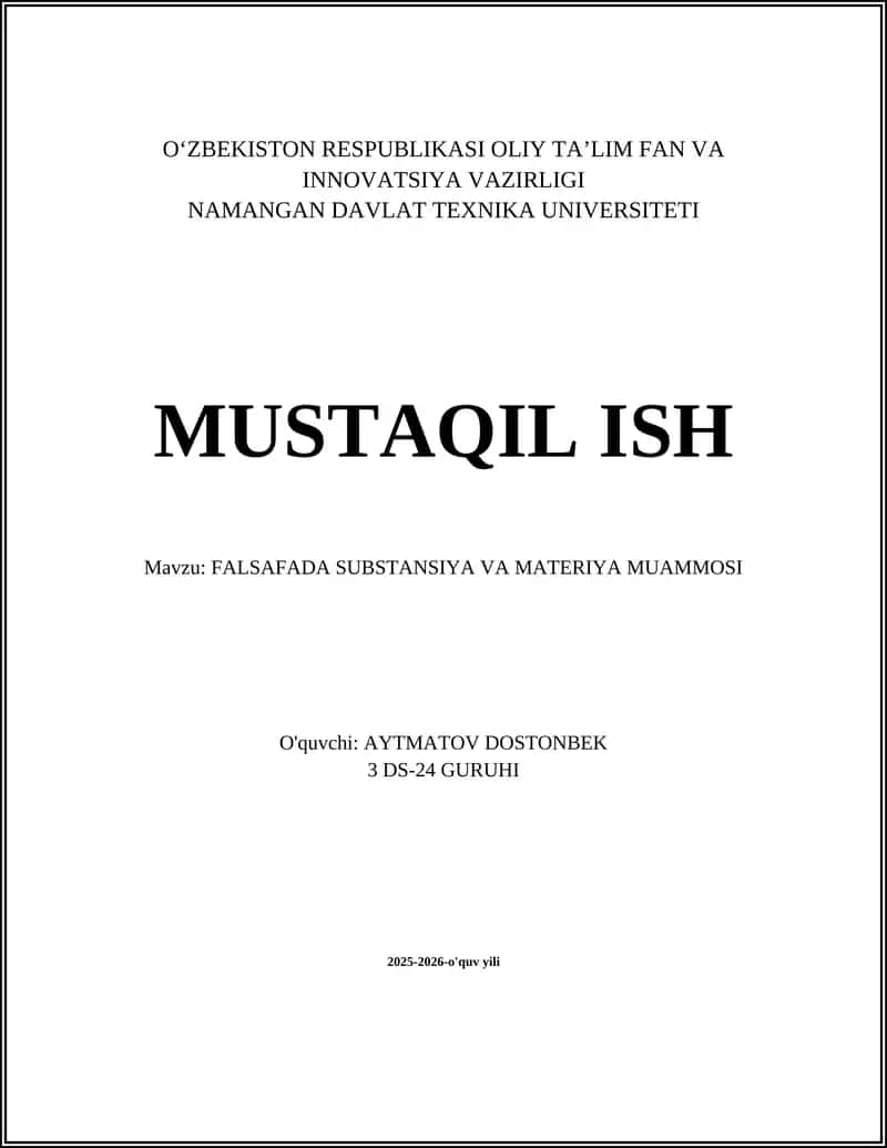 FALSAFADA SUBSTANSIYA VA MATERIYA MUAMMOSI