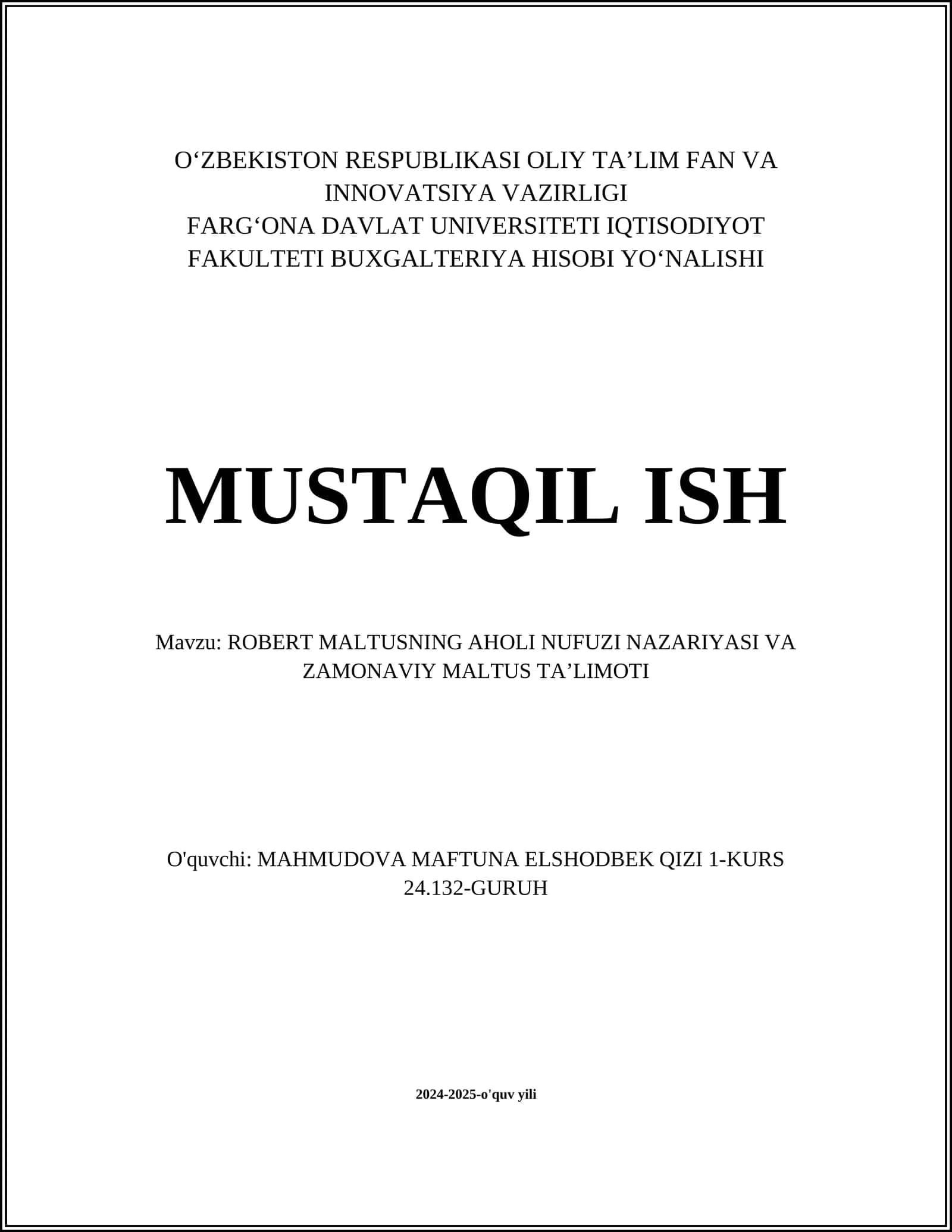 ROBERT MALTUSNING AHOLI NUFUZI NAZARIYASI VA ZAMONAVIY MALTUS TAʼLIMOTI