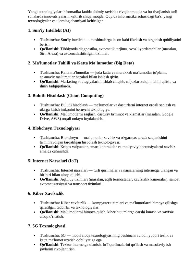 Informatika fanidagi yangi texnologiyalar