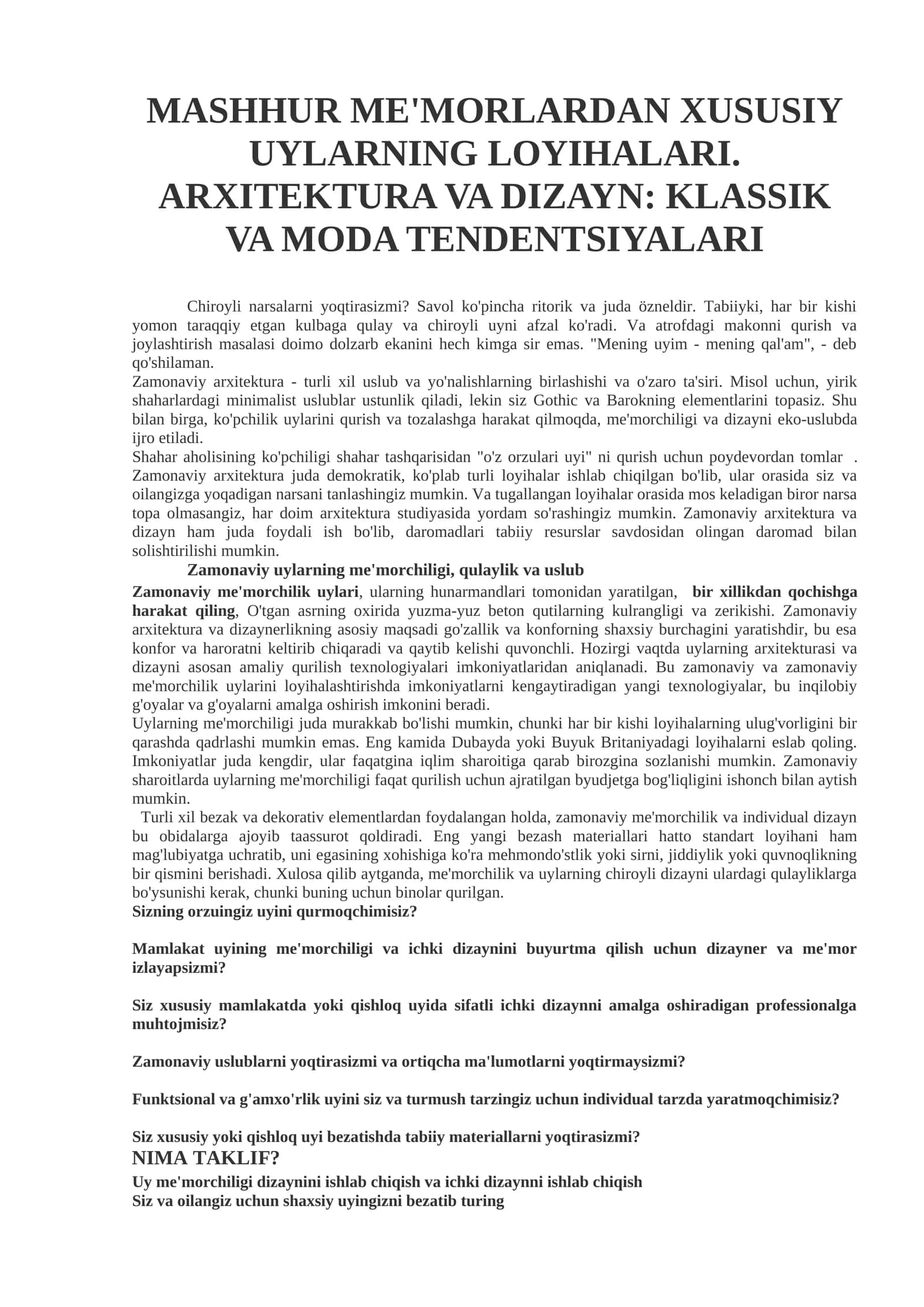 MASHHUR ME'MORLARDAN XUSUSIY UYLARNING LOYIHALARI. ARXITEKTURA VA DIZAYN: KLASSIK VA MODA TENDENTSIYALARI