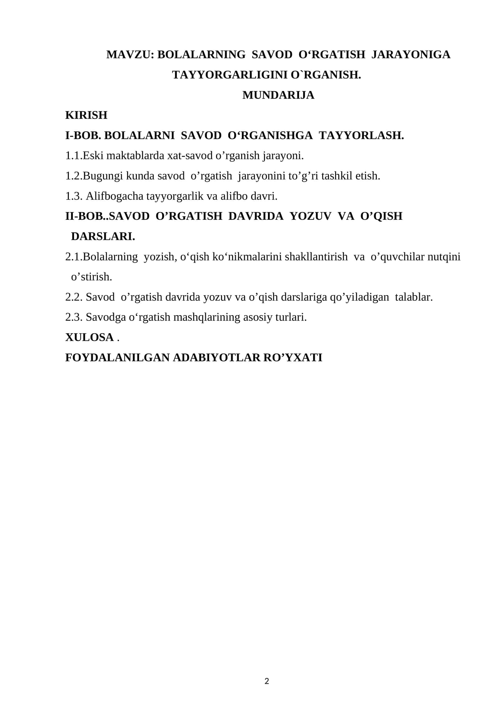 Bolalarning savod o’rgatish jarayoniga tayyorgarligini o’rganish