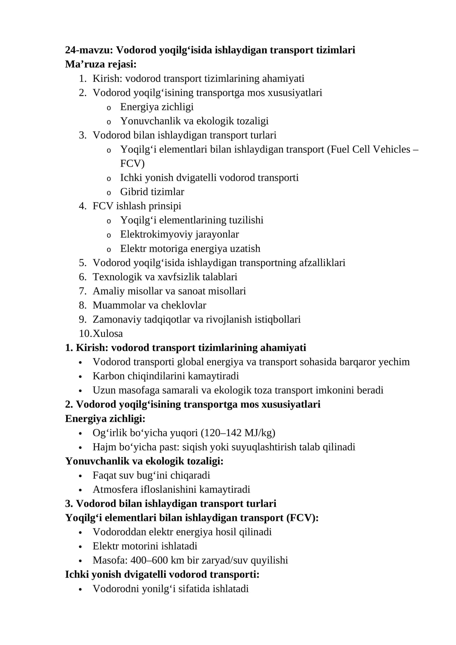 24-mavzu: Vodorod yoqilg‘isida ishlaydigan transport tizimlari
