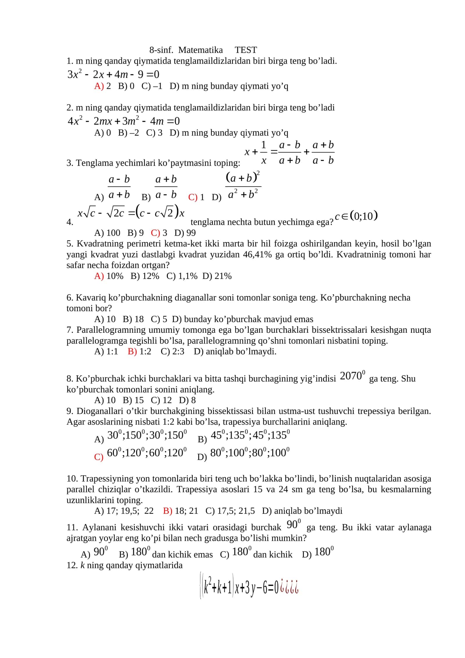 8-sinf. Matematika TEST