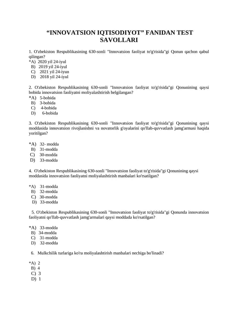 "INNOVATSION IQTISODIYOT" FANIDAN TEST SAVOLLARI