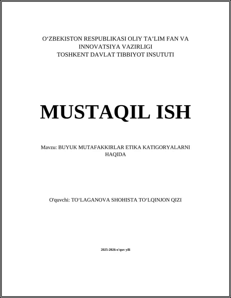 BUYUK MUTAFAKKIRLAR ETIKA KATIGORYALARNI HAQIDA