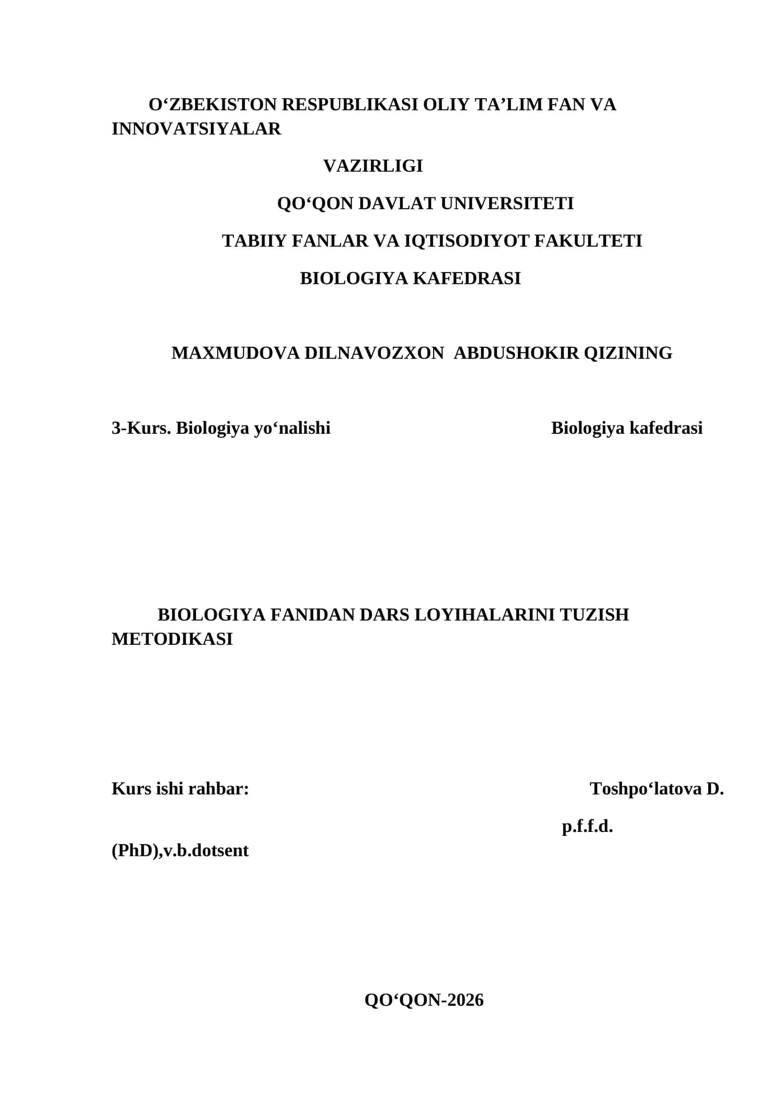 BIOLOGIYA FANIDAN DARS LOYIHALARINI TUZISH METODIKASI
