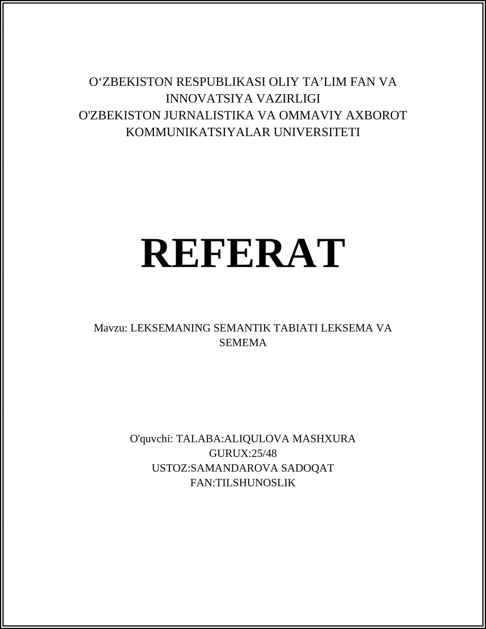 LEKSEMANING SEMANTIK TABIATI LEKSEMA VA SEMEMA