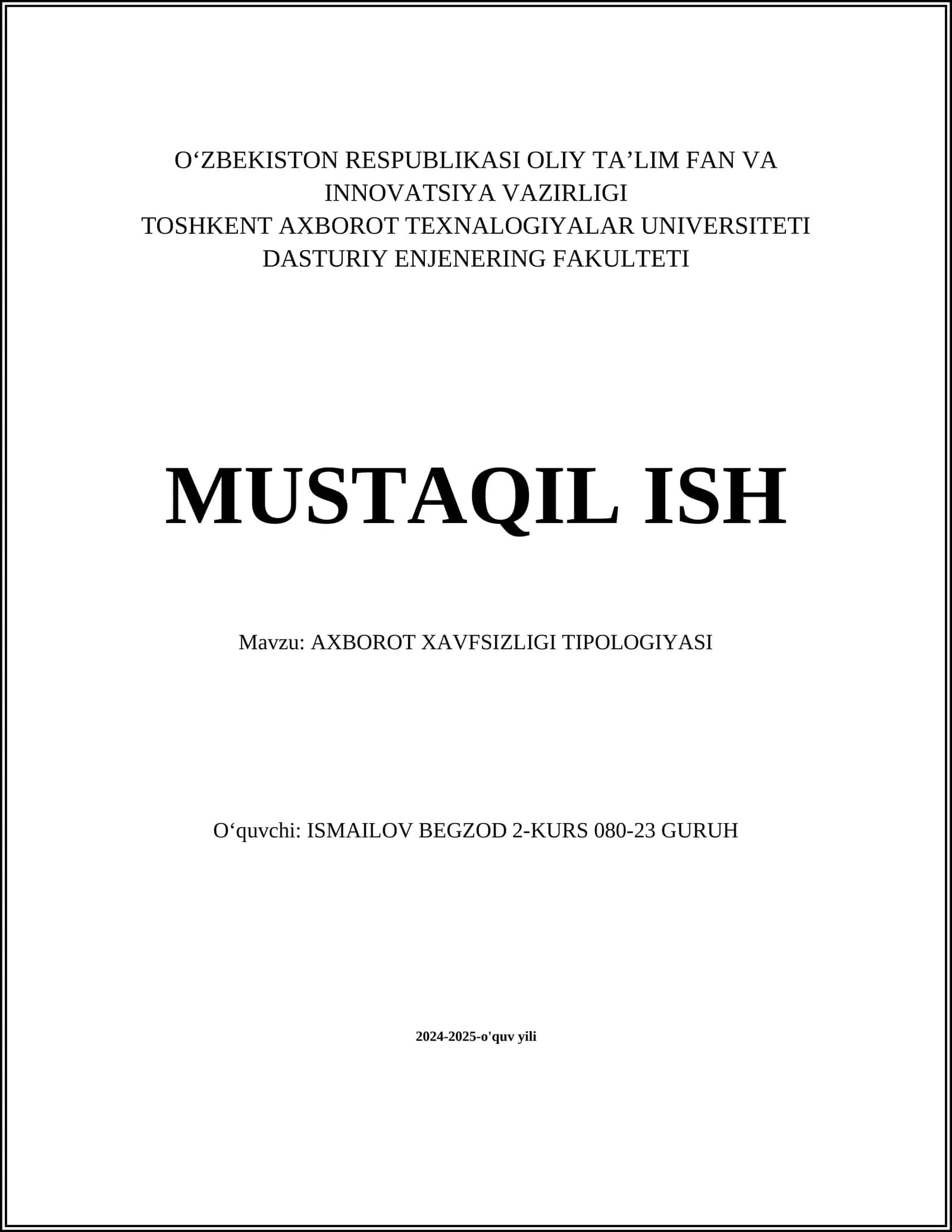 AXBOROT XAVFSIZLIGI TIPOLOGIYASI