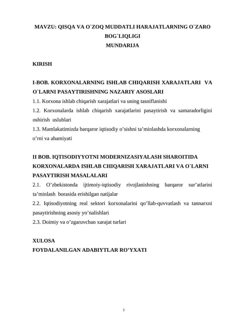 QISQA VA O`ZOQ MUDDATLI HARAJATLARNING O`ZARO BOG`LIQLIGI