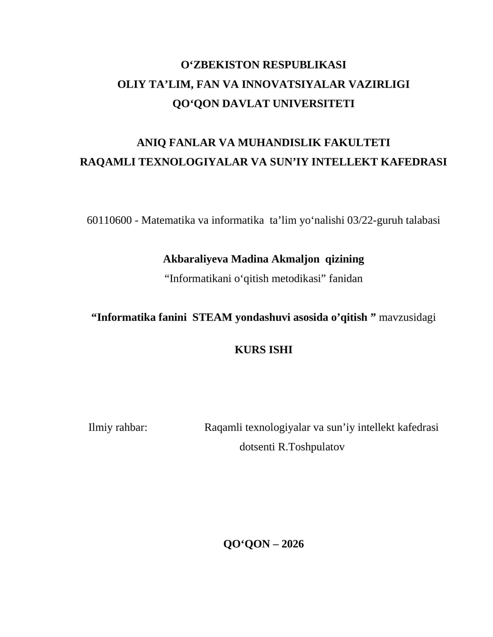 Informatikaning STEAM yondashuviga asoslangan o'qitish metodikasi