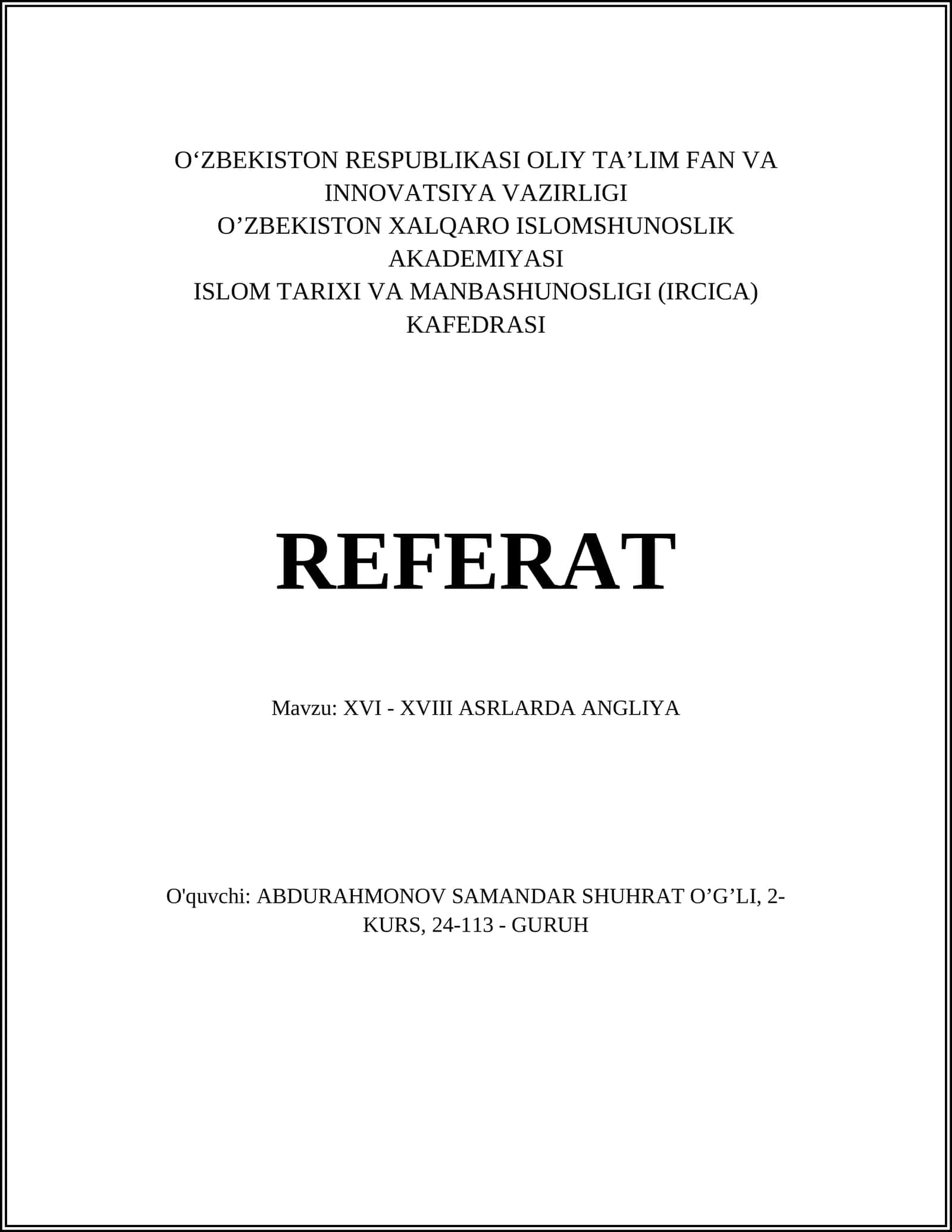 XVI - XVIII ASRLARDA ANGLIYA