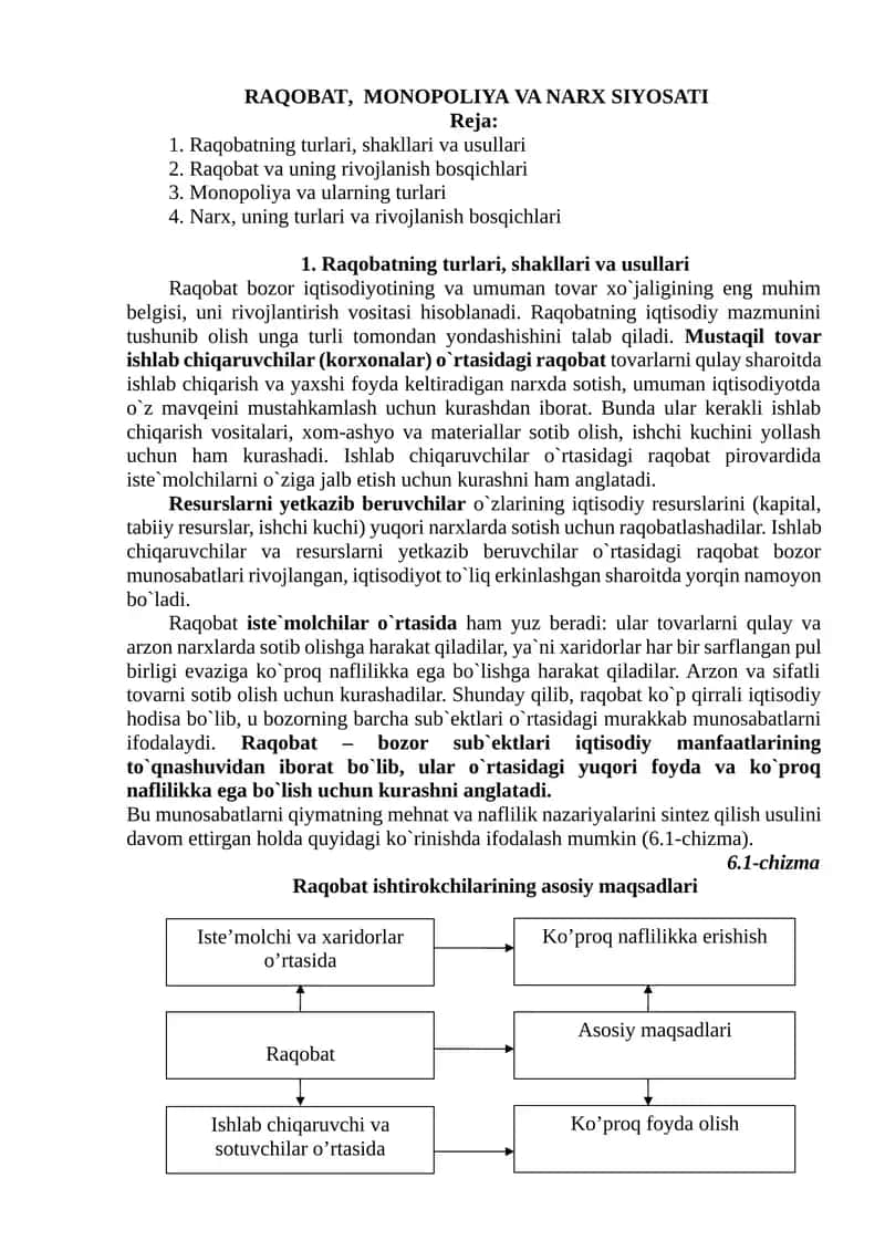 RAQOBAT, MONOPOLIYA VA NARX SIYOSATI