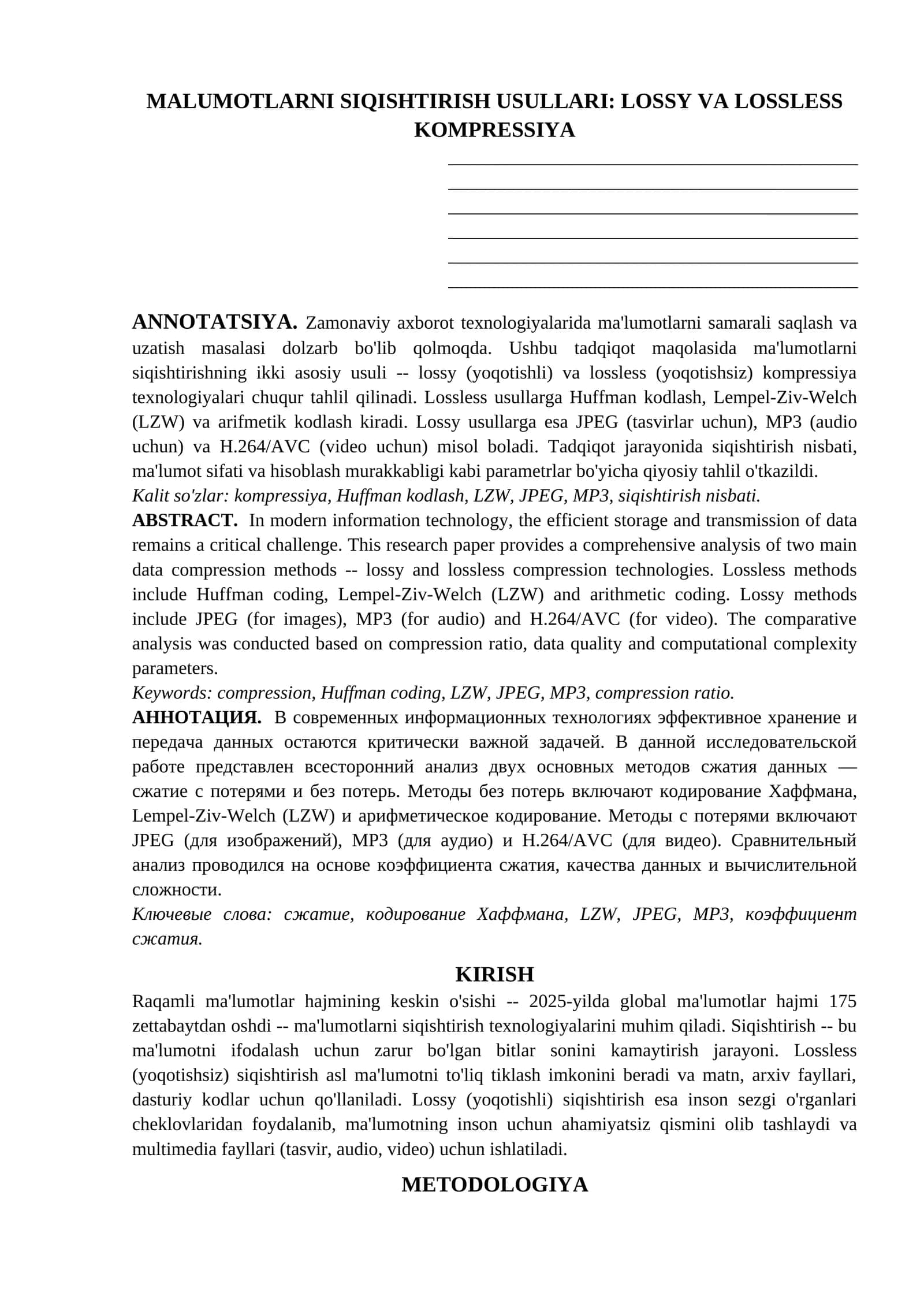 MALUMOTLARNI SIQISHTIRISH USULLARI: LOSSY VA LOSSLESS KOMPRESSIYA. MAQOLA
