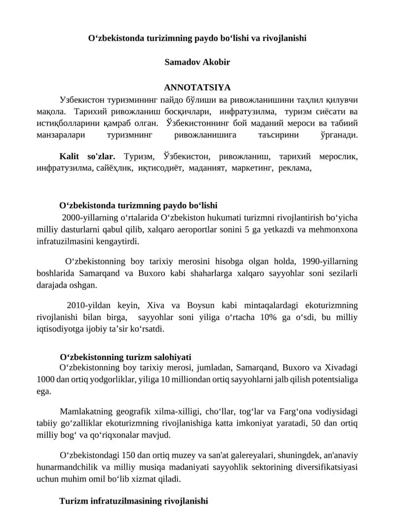 Oʻzbekistonda turizimning paydo boʻlishi va rivojlanishi