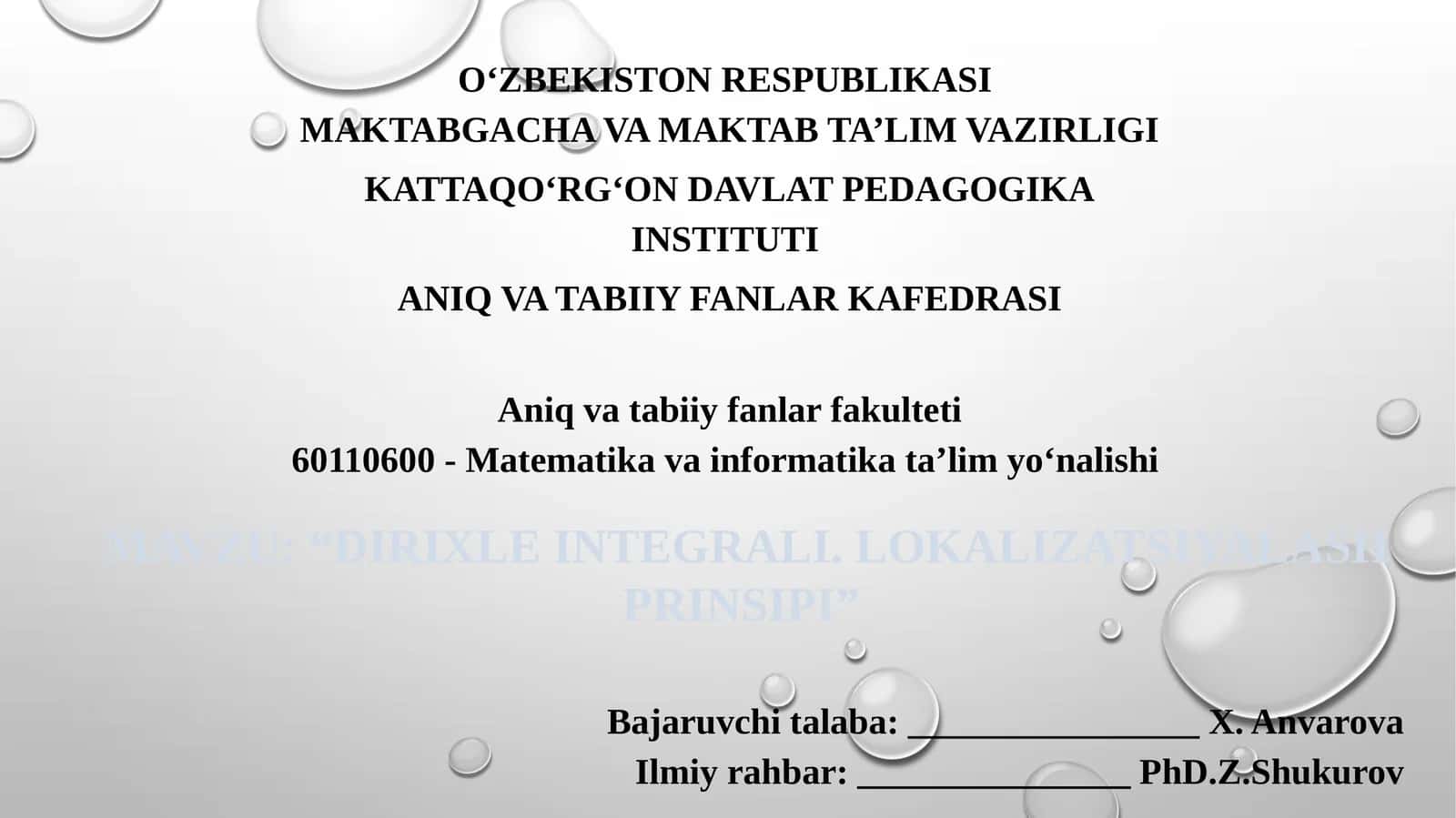 DIRIX LE INTEGRALI. LOKALIZATSIYALASH PRINSIPI
