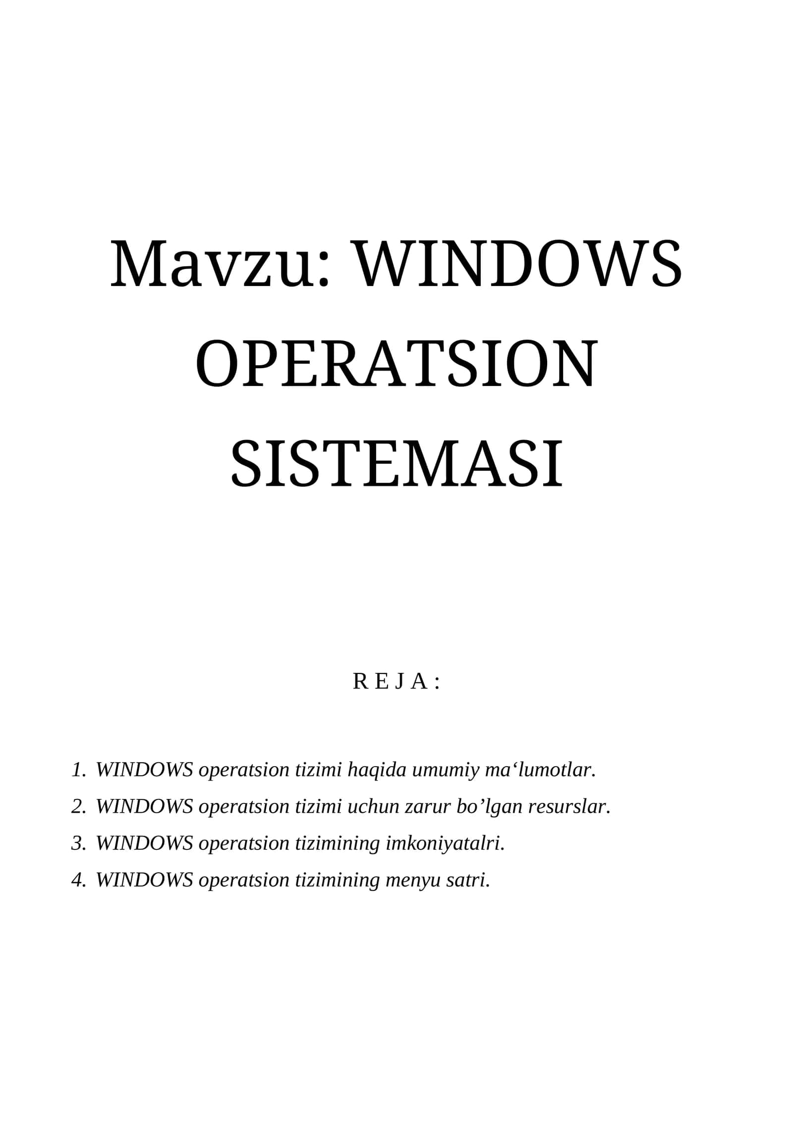 WINDOWS OPERATSION SISTEMASI