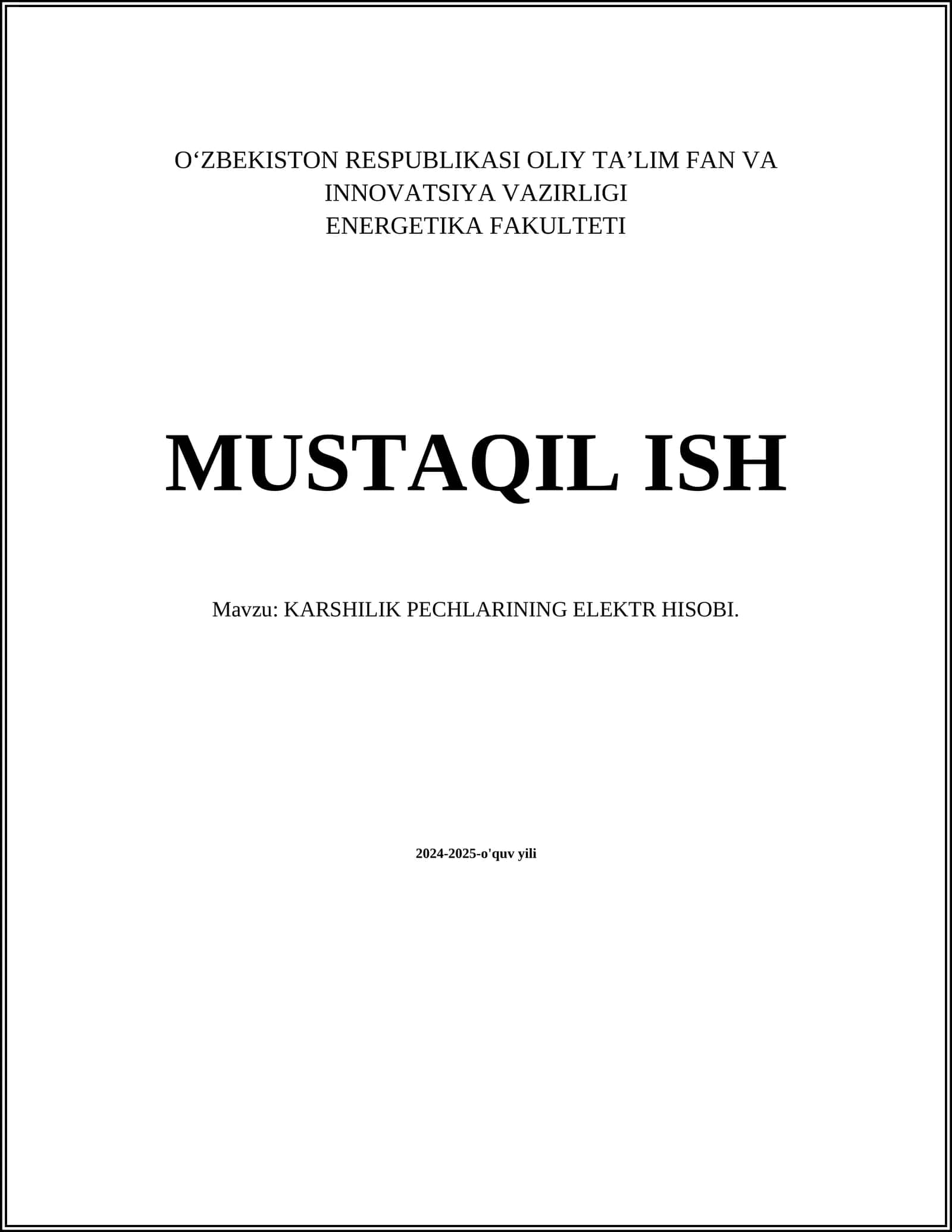 KARSHILIK PECHLARINING ELEKTR HISOBI