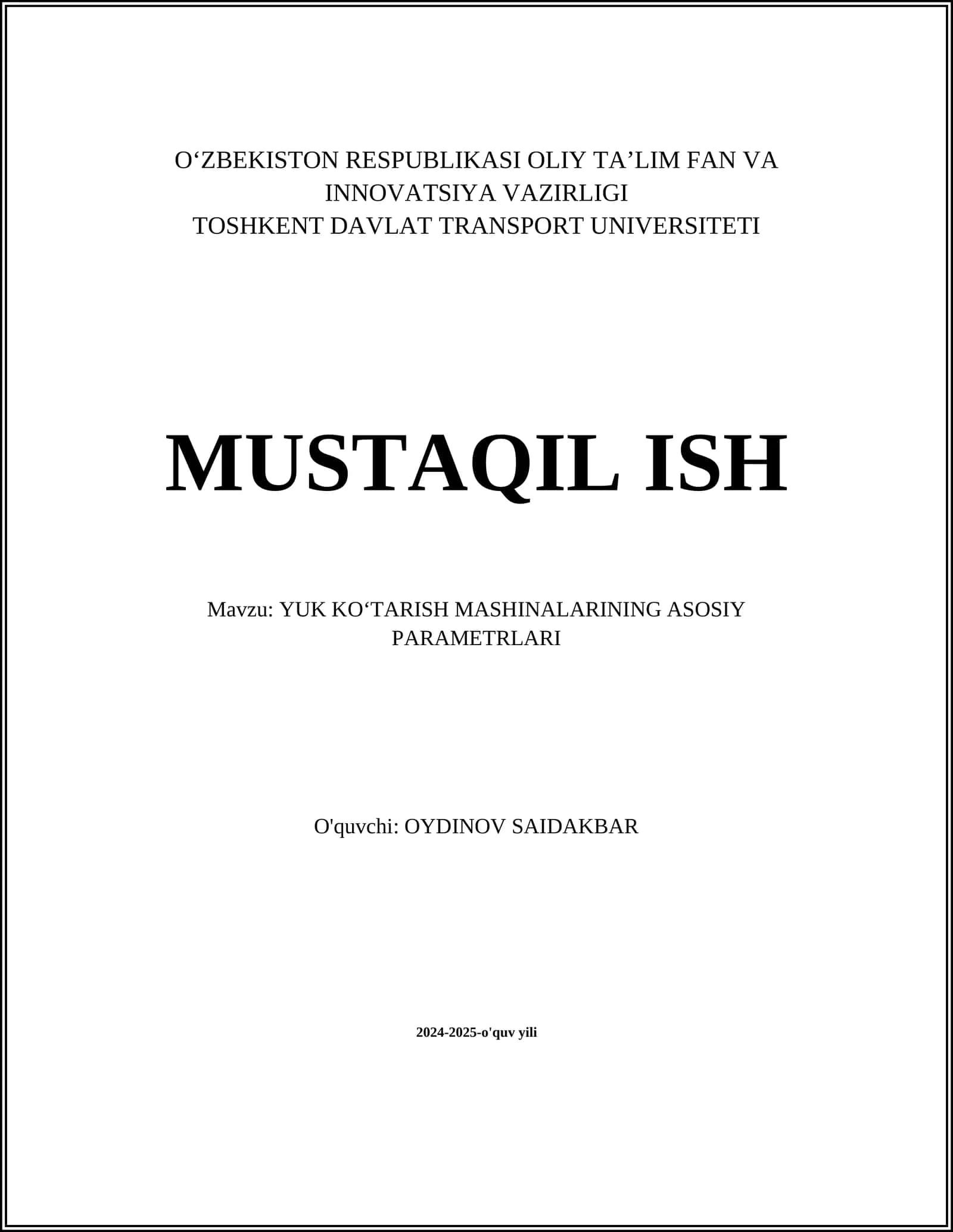 YUK KOʻTARISH MASHINALARINING ASOSIY PARAMETRLARI