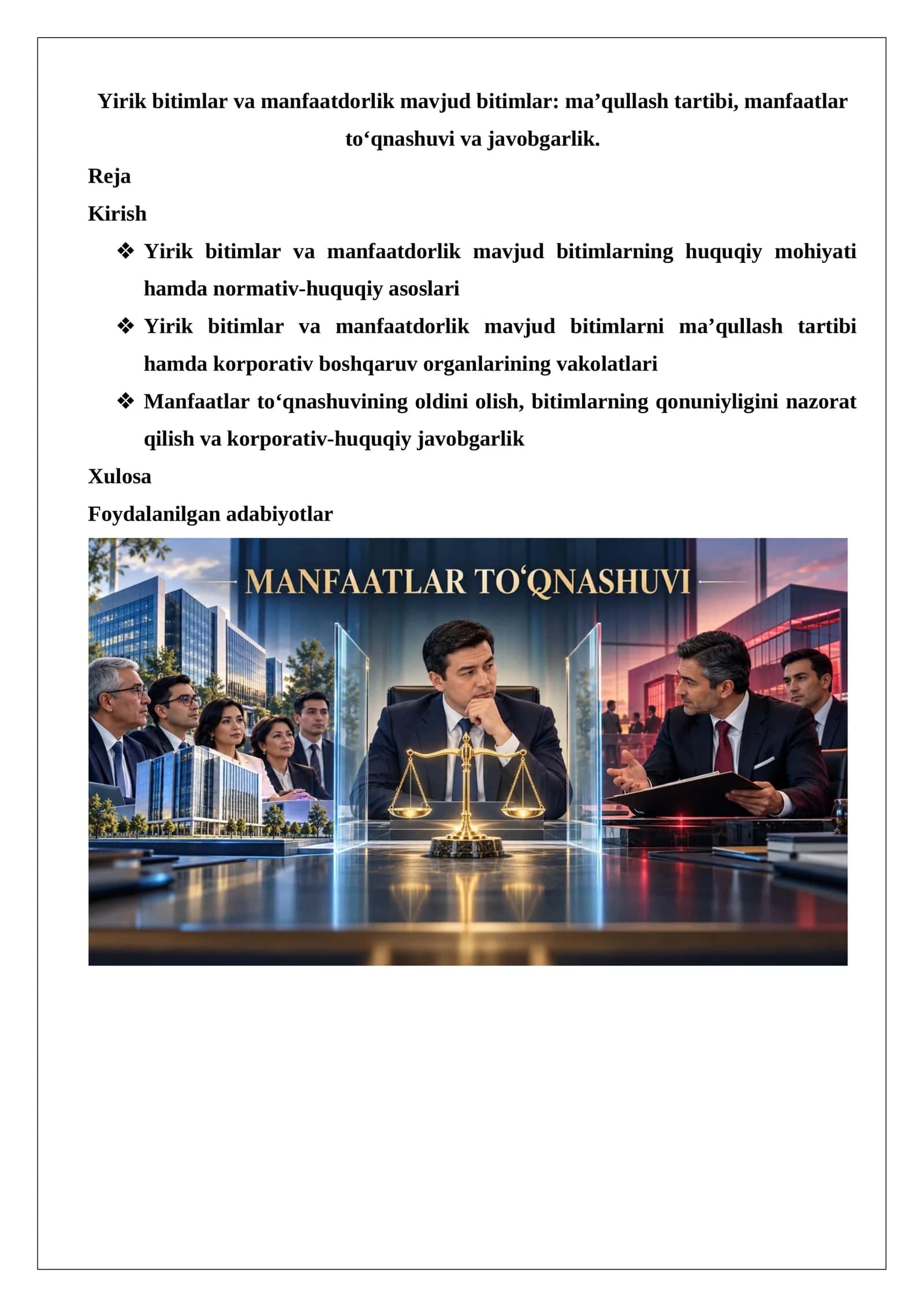 Yirik bitimlar va manfaatdorlik mavjud bitimlar ma’qullash tartibi