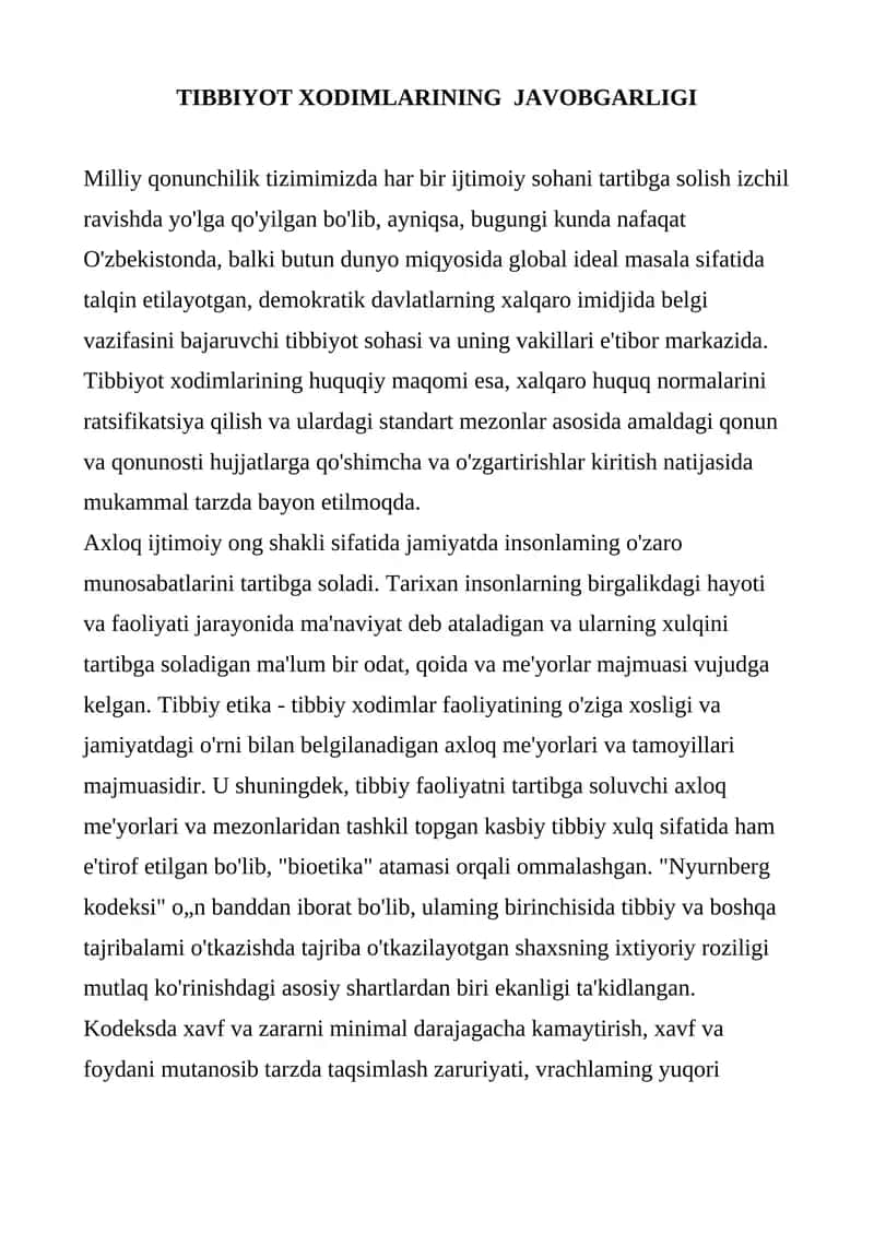 Tibbiyot Xodimlarining Javobgarligi