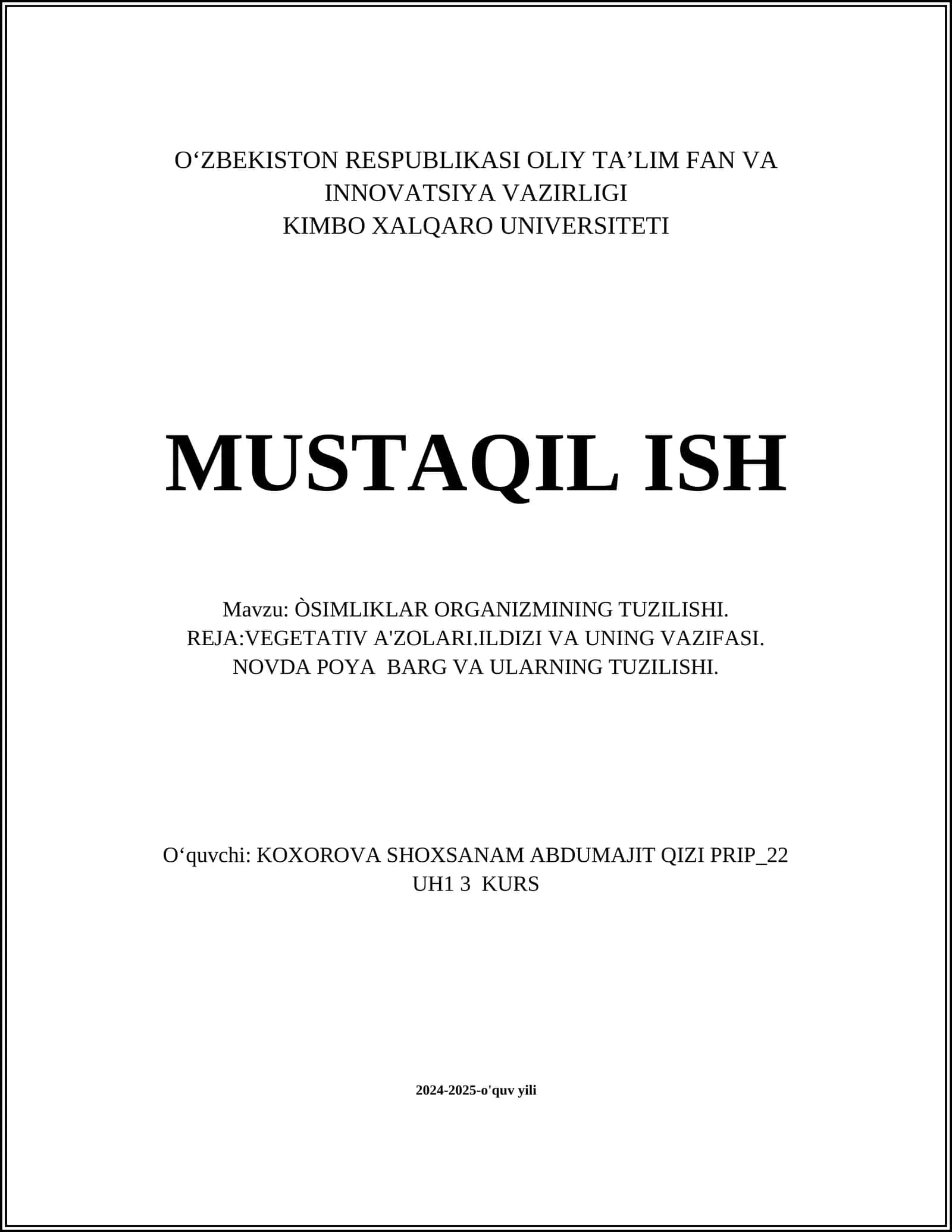 ÒSIMLIKLAR ORGANIZMINING TUZILISHI