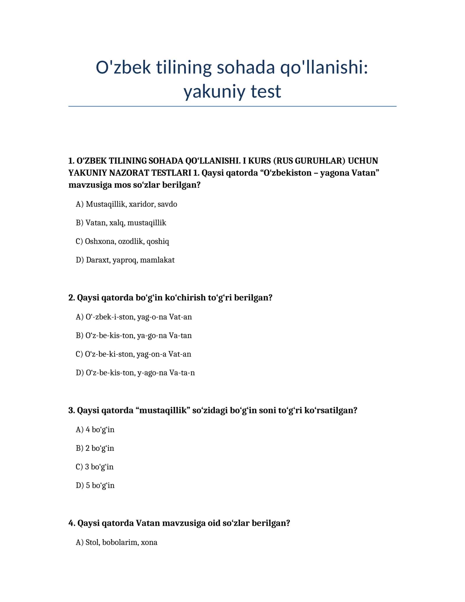 O'zbek tilining sohada qo'llanishi: yakuniy test