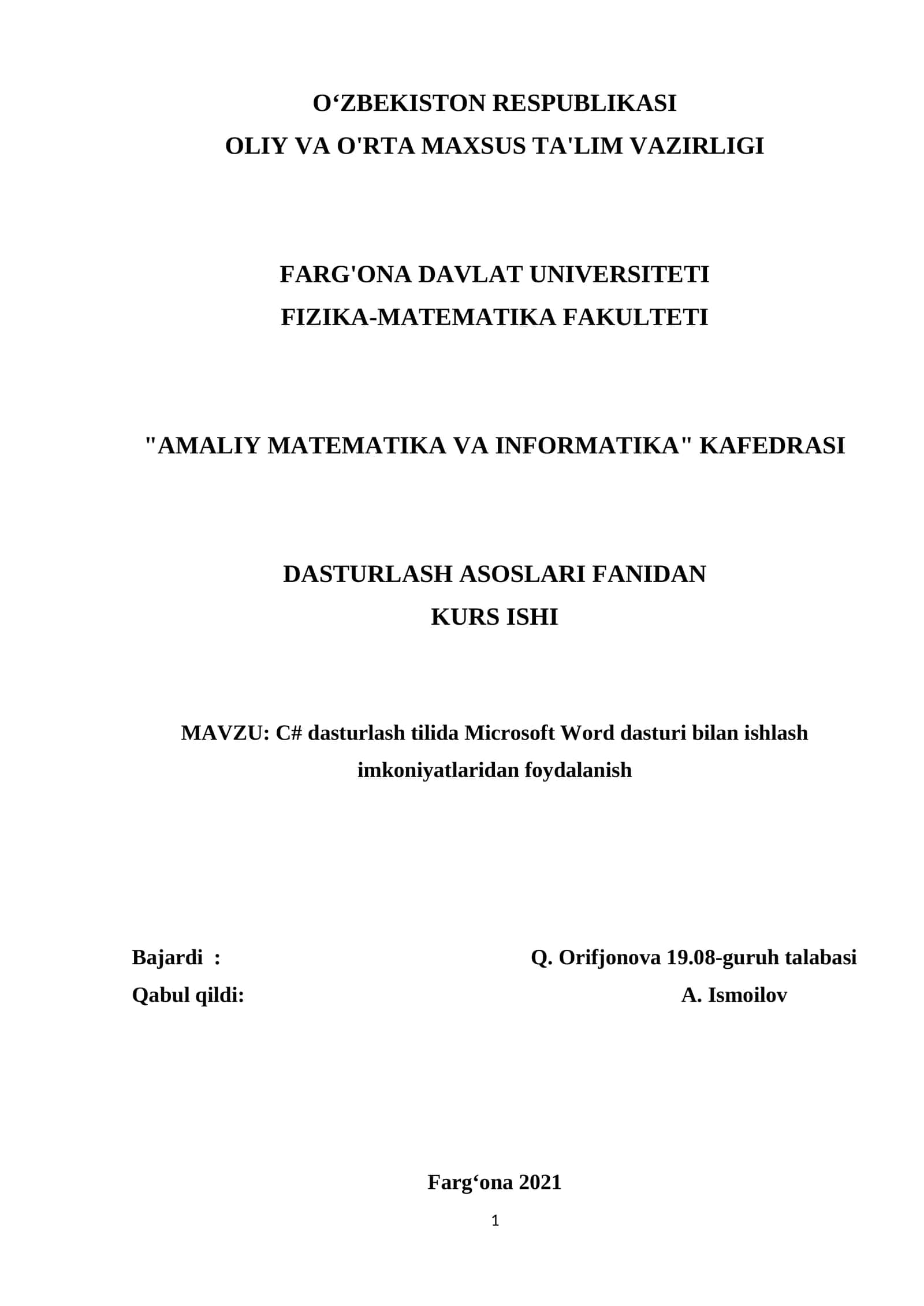 [C# dasturlash tilida Microsoft Word dasturi bilan ishlash imkoniyatlaridan foydalanish]