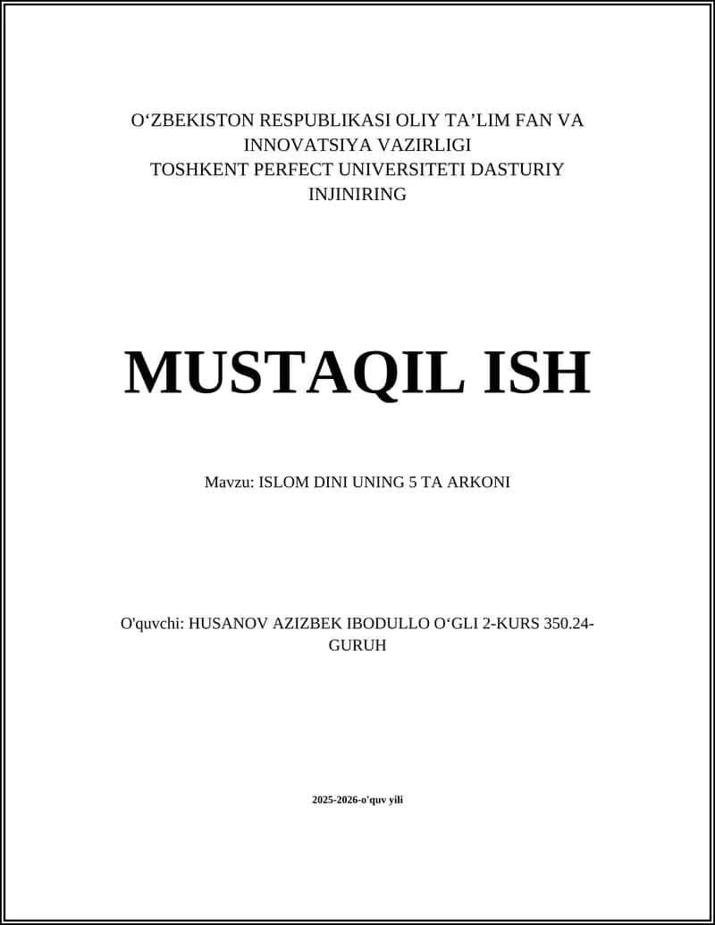 ISLOM DINI UNING 5 TA ARKONI