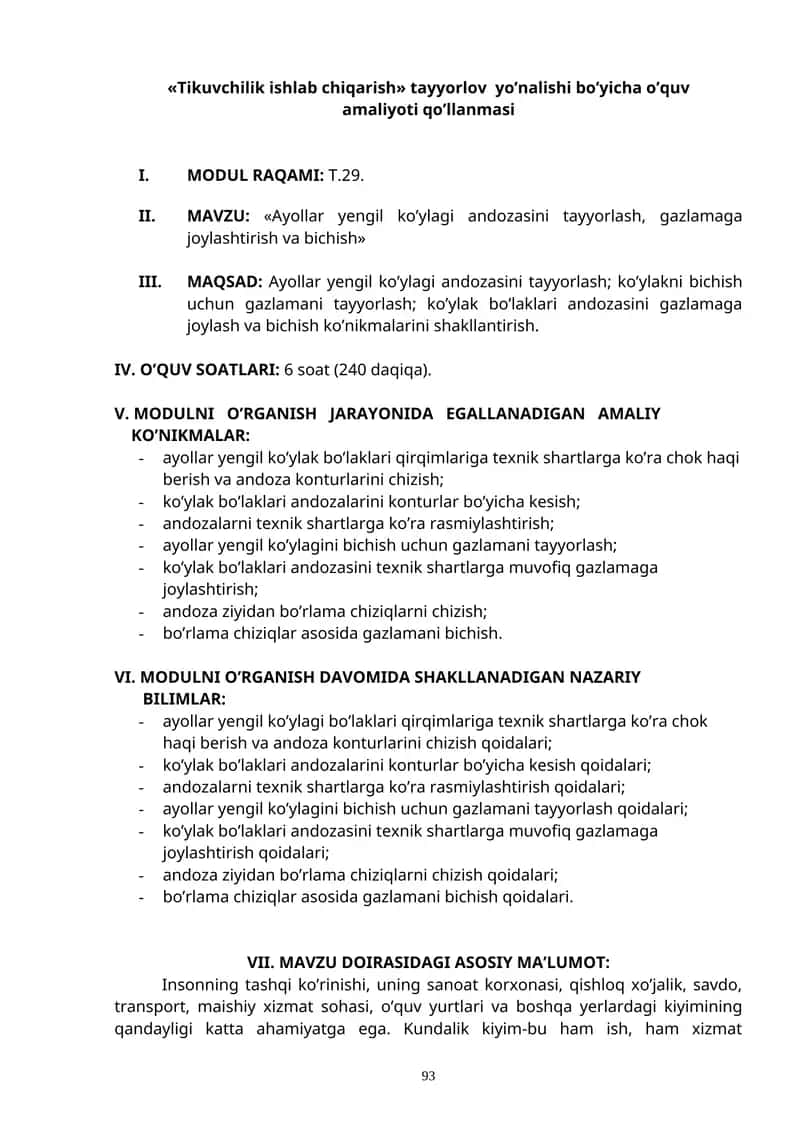 Ayollar yengil ko’ylagi andozasini tayyorlash, gazlamaga joylashtirish va bichish