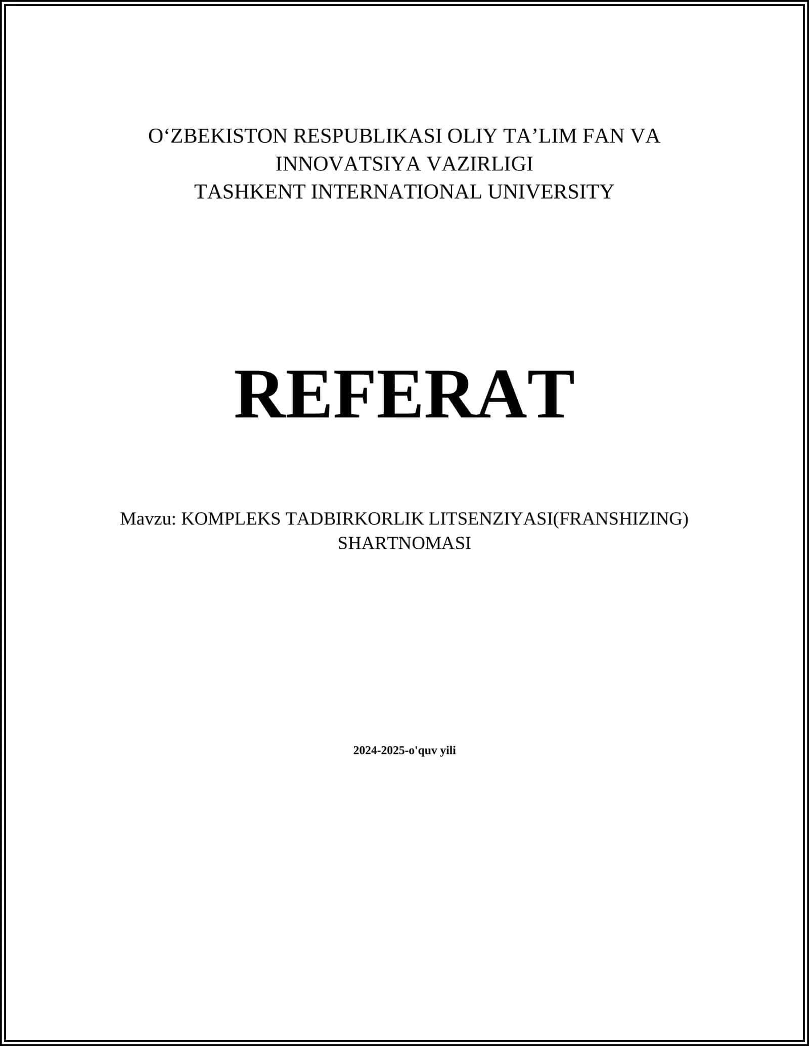 KOMPLEKS TADBIRKORLIK LITSENZIYASI(FRANSHIZING) SHARTNOMASI