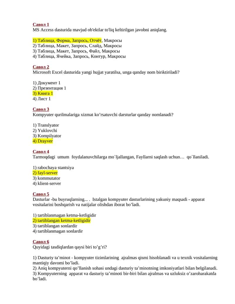 Informatika bo'yicha test savollari
