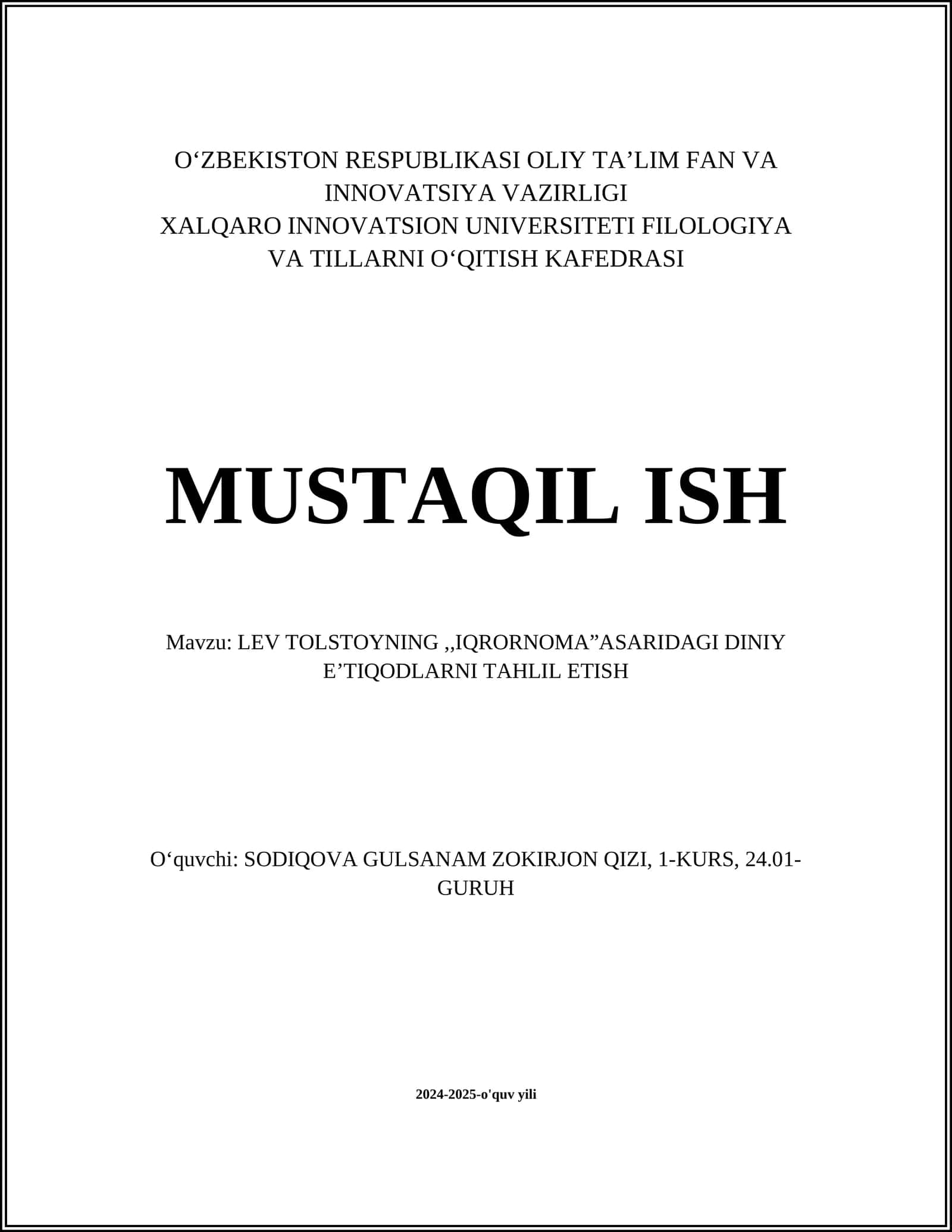 LEV TOLSTOYNING,,IQRORNOMA”ASARIDAGI DINIY E’TIQODLARNI TAHLIL ETISH