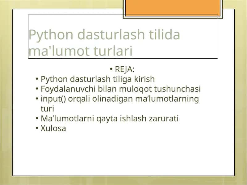 Python dasturlash tilida ma'lumot turlari