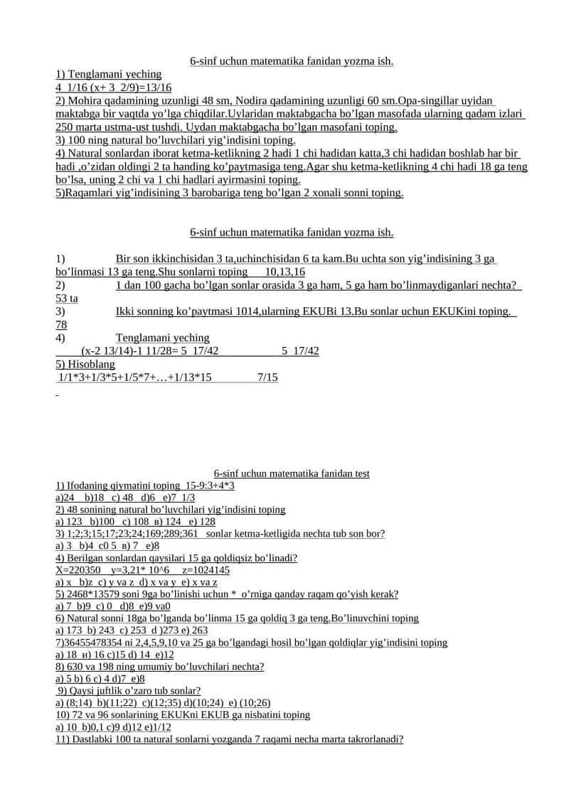 6-sinf uchun matematikadan yozma ish va test