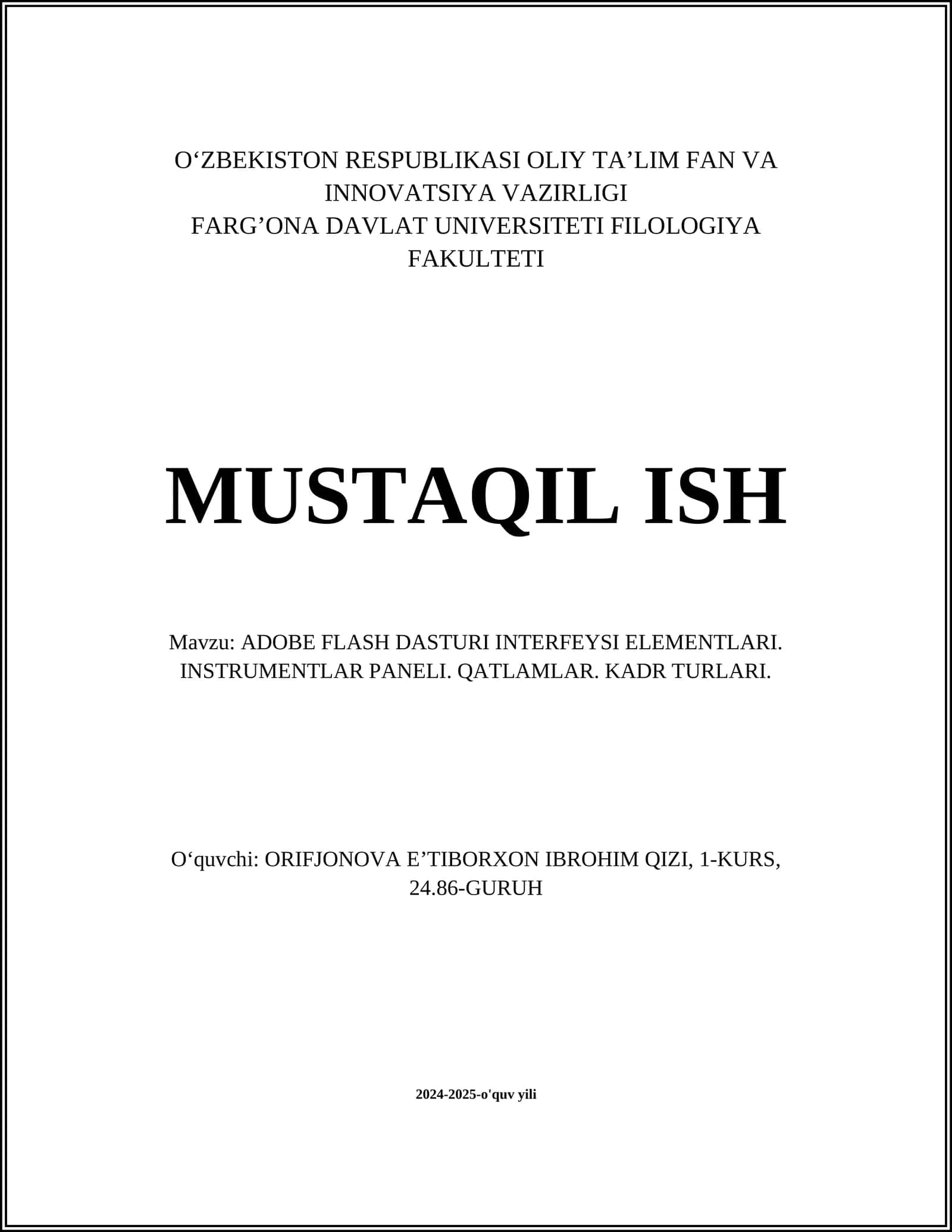 Adobe Flash Dasturi Interfeysi Elementlari
