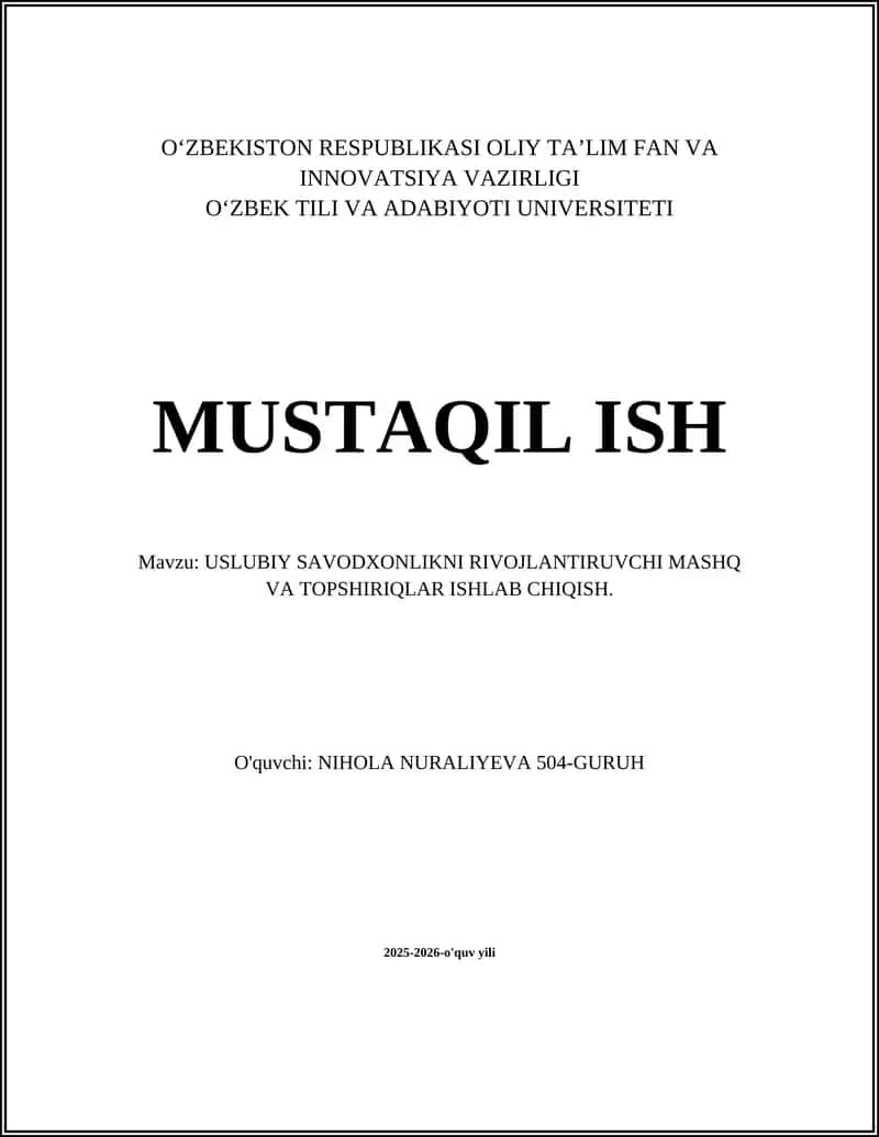 USLUBIY SAVODXONLIKNI RIVOJLANTIRUVCHI MASHQ VA TOPSHIRIQLAR ISHLAB CHIQISH