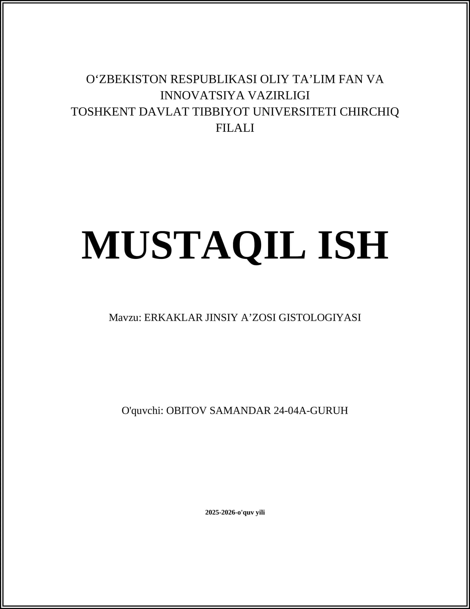 ERKAKLAR JINSIY AʼZOSI GISTOLOGIYASI