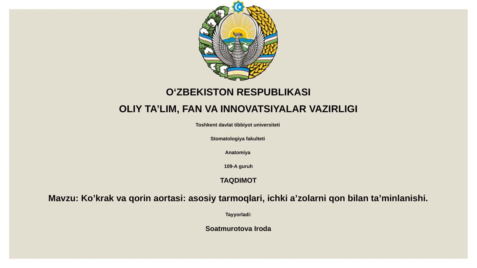 Ko’krak va qorin aortasi: asosiy tarmoqlari, ichki a’zolarni qon bilan ta’minlanishi