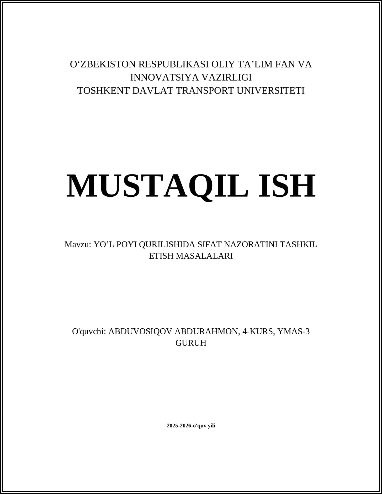 Yo’l poyi qurilishida sifat nazorati