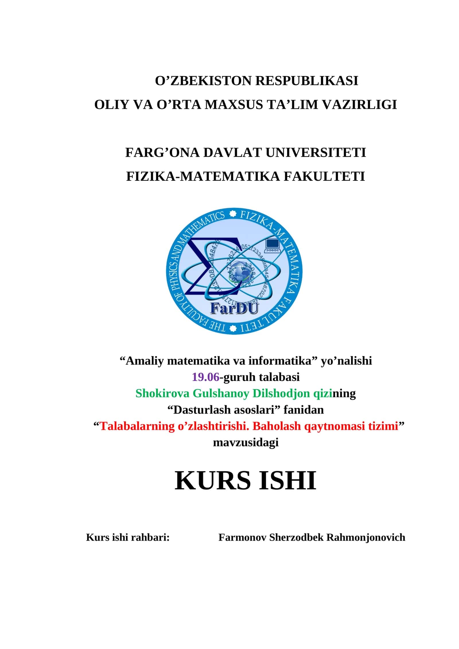 “Talabalarning o’zlashtirishi. Baholash qaytnomasi tizimi”