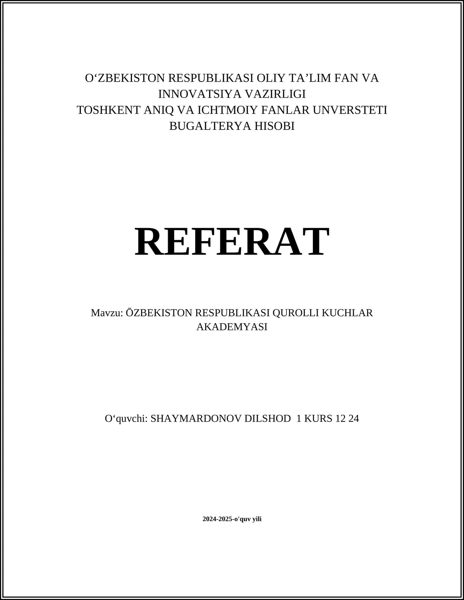ŌZBEKISTON RESPUBLIKASI QUROLLI KUCHLARI AKADEMYASI REFERAT