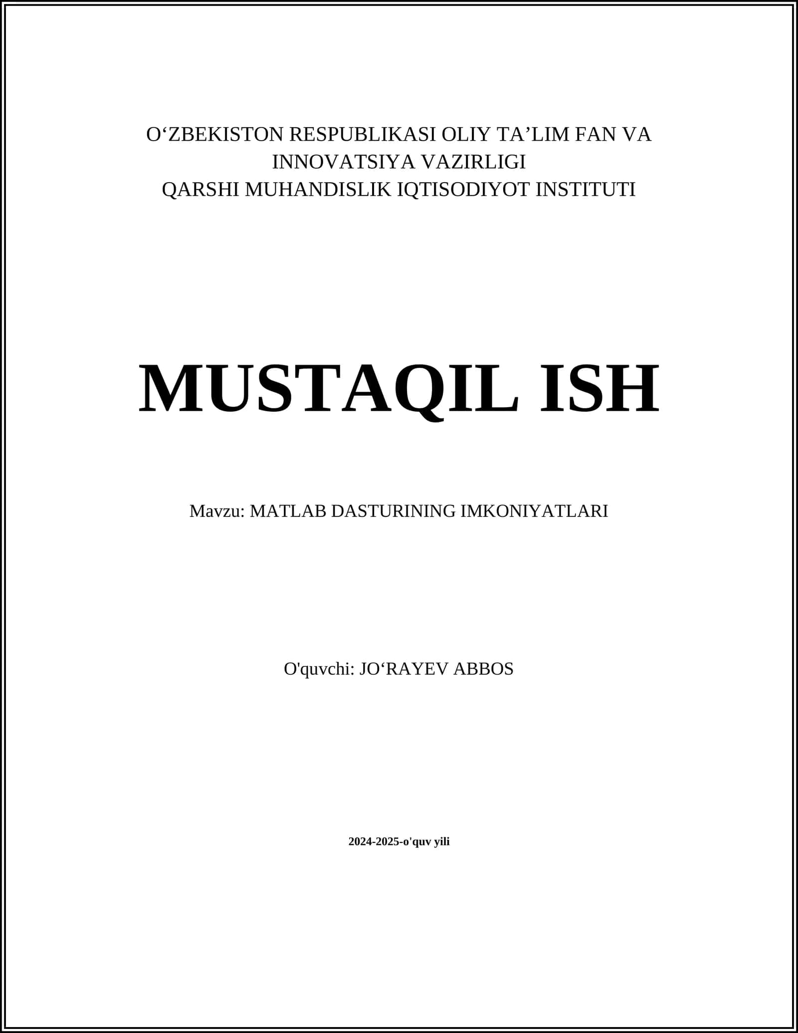 MATLAB DASTURINING IMKONIYATLARI
