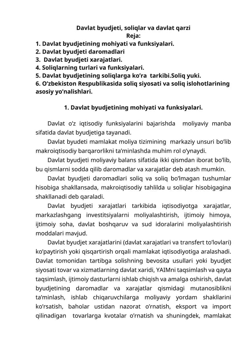 Davlat byudjeti, soliqlar va davlat qarzi