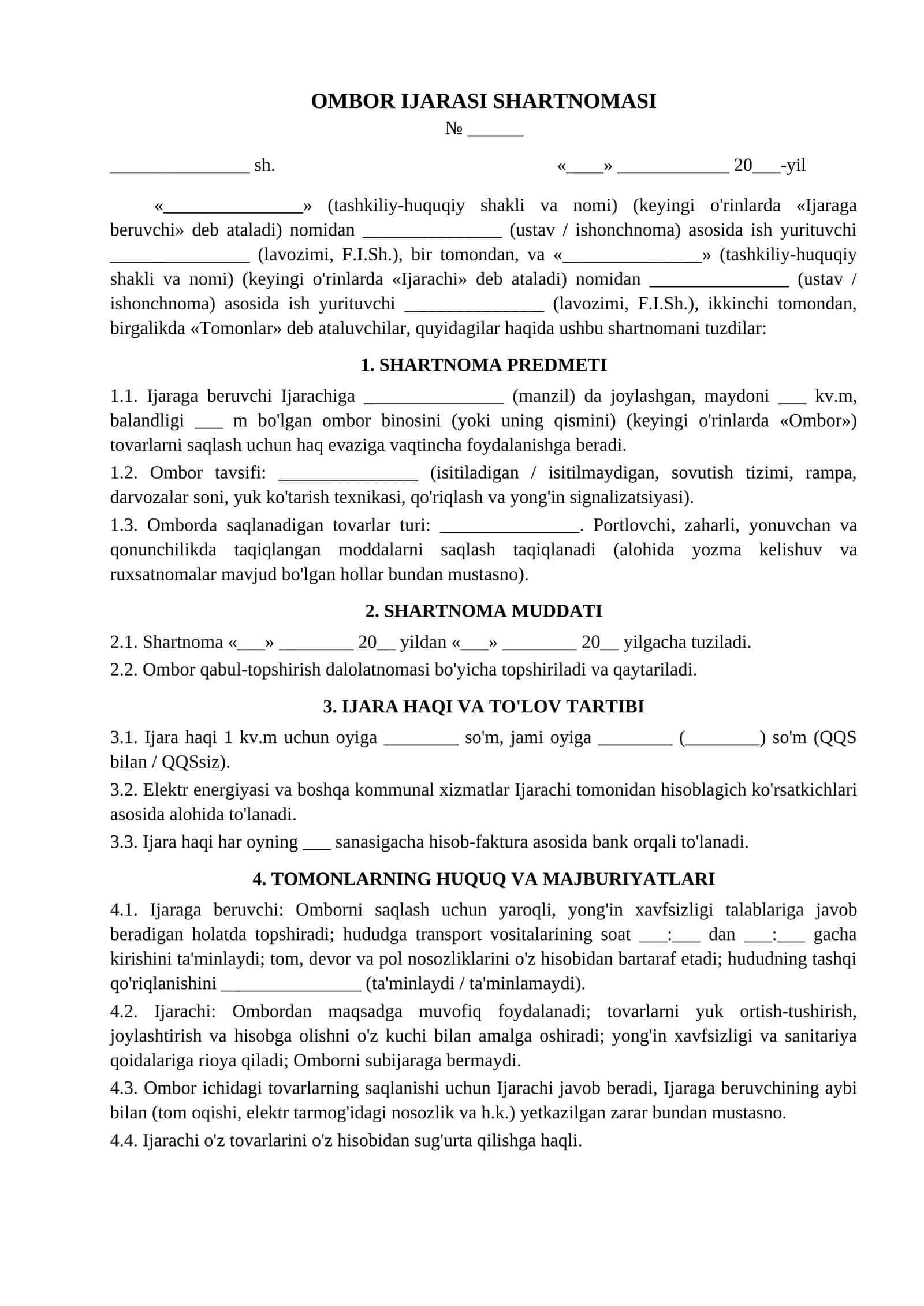 Ombor ijarasi shartnomasi namunasi