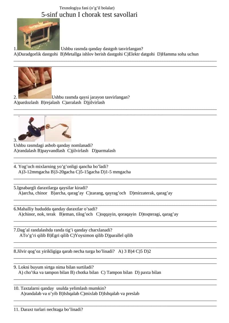 5-sinf uchun texnologiya fanidan I chorak test savollari jamlangan