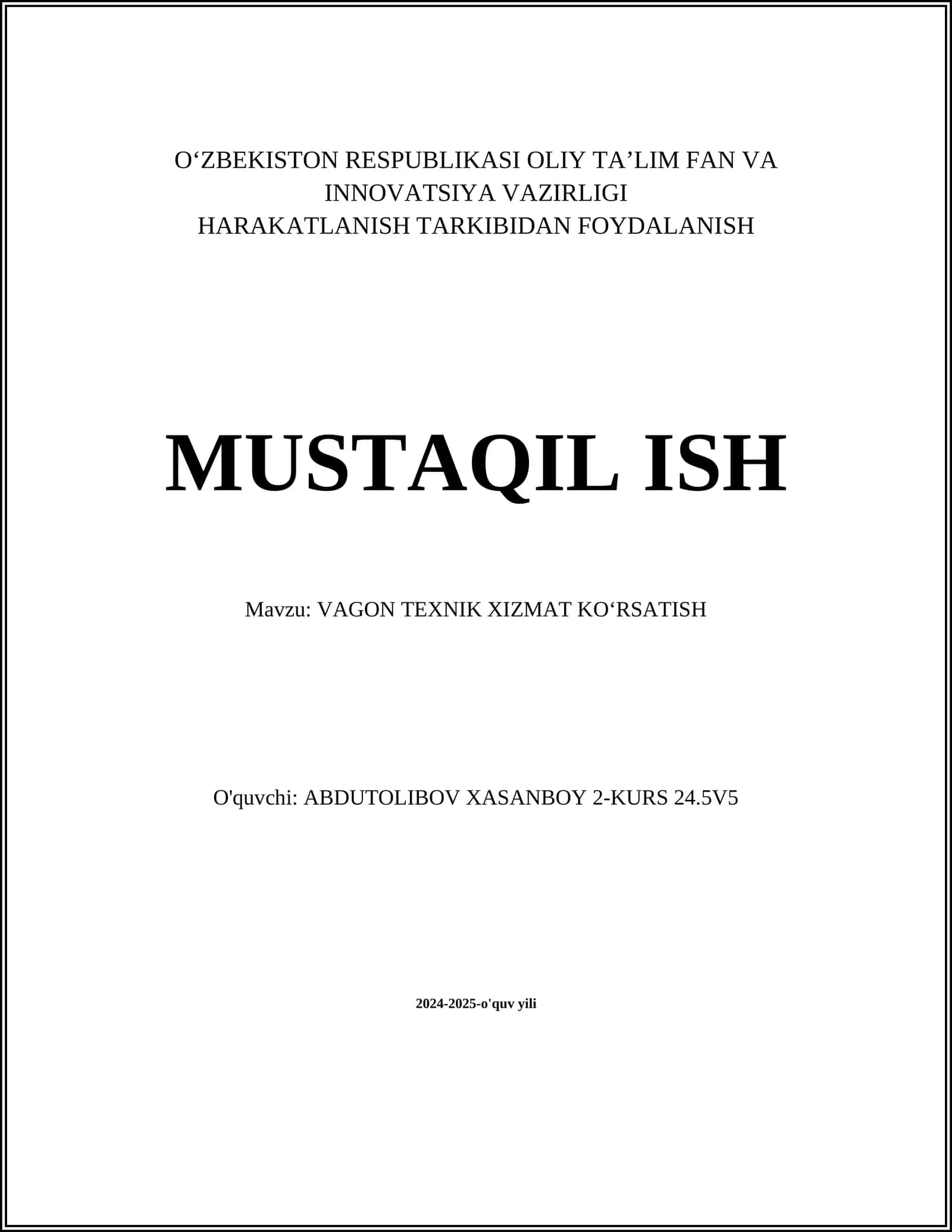 VAGON TEXNIK XIZMAT KOʻRSATISH